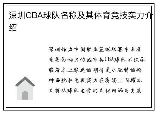 深圳CBA球队名称及其体育竞技实力介绍